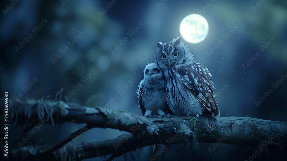 With the moonlit night as their backdrop, a mother owl and her owlet perch on a tree branch.
