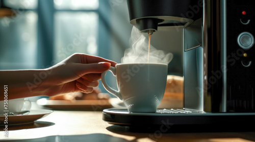 A captivating moment captured as the espresso machine expertly dispenses steaming hot coffee into a cup, promising a satisfying and invigorating experience