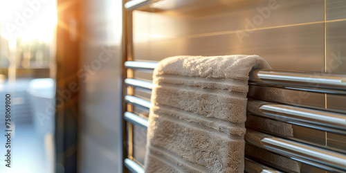 Close-up of Heated Rail for Towels  in Bathroom with copy space. Modern heated towel rail on wall in a serene bathroom setting.