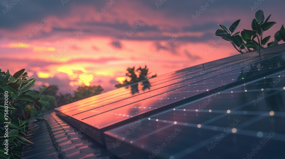 Fototapeta premium In the golden glow of sunset, solar energy panels stands in home's roof or in nature. Greenhouse, ecology industry and technology concept. Solar energy, photovoltaic power.