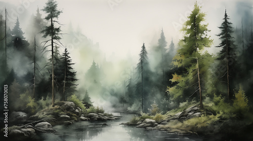A serene creek gracefully winds through the autumnal forest, its mystical ambiance deepened by the veils of mist that cloak the surroundings, casting an otherworldly charm.