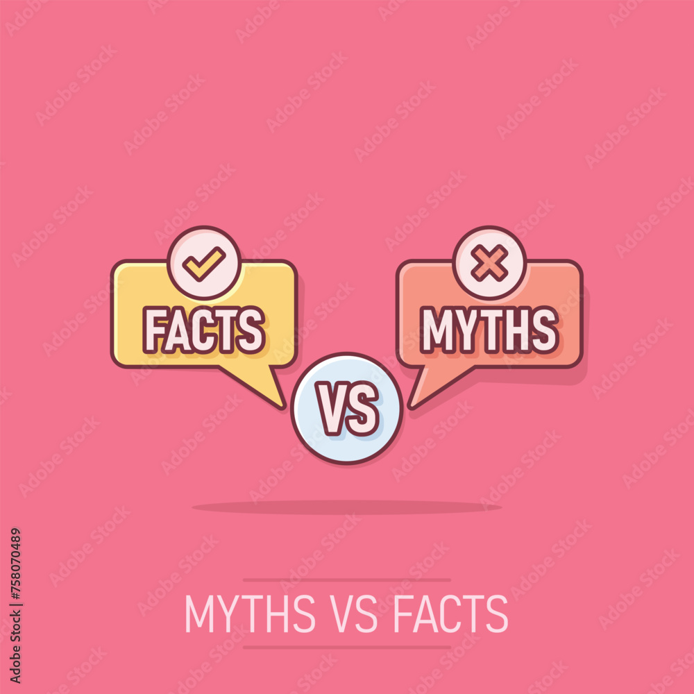 Myths vs facts icon in comic style. True or false cartoon vector illustration on isolated background. Comparison sign business concept splash effect.