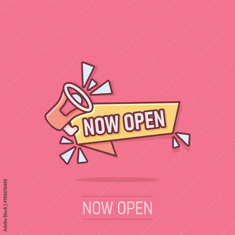 Fotografie Now open notice icon in comic style