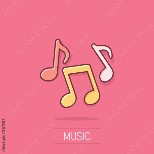 Music note icon in comic style. Song cartoon vector illustration on isolated background. Musician splash effect sign business concept.