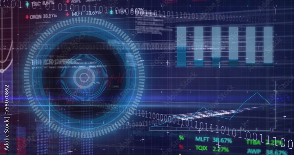 Obraz premium Image of illuminated lines over programming language, binary codes, circles and trading board