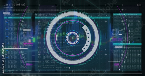 Image of circles over computer language and old computer interface against graph in background