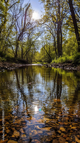 Rzeka w lesie podczas wiosny - Generative AI
