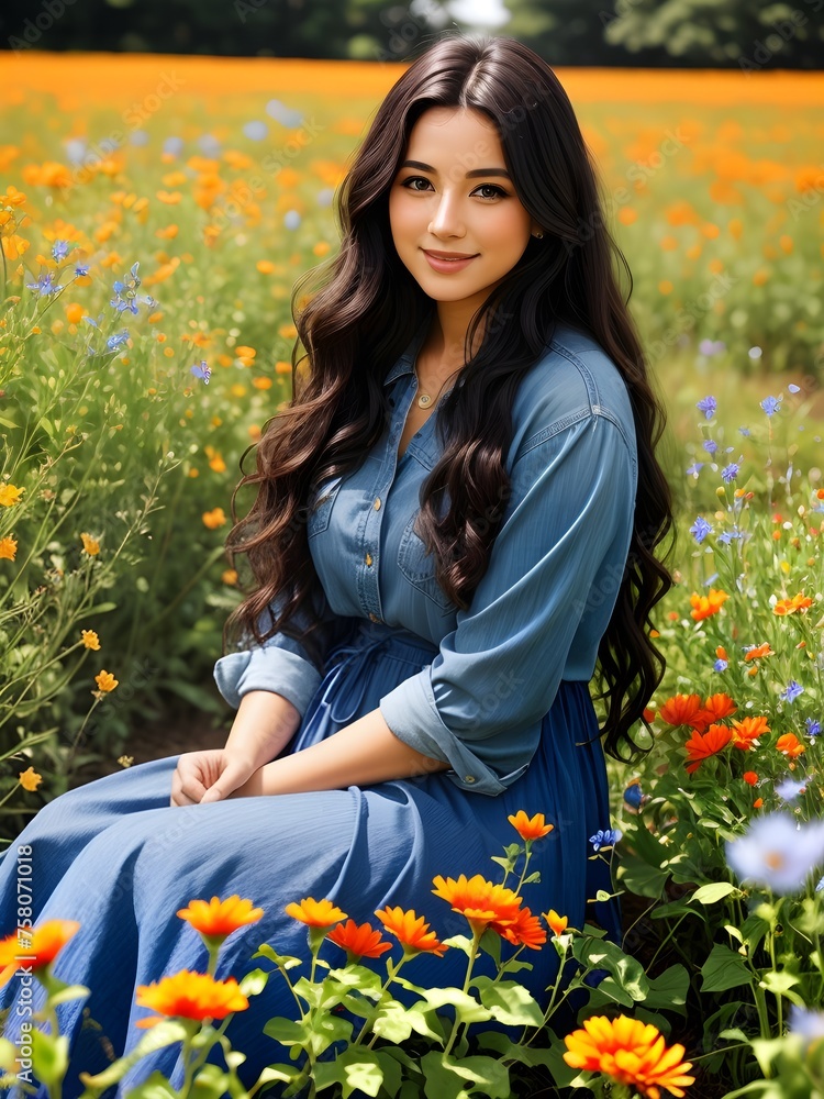 Girl sitting on a beautiful meadow with flowers Girl sitting on a beautiful meadow with flowers