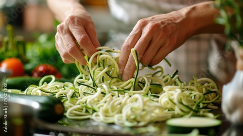 Health conscious kitchen with hands preparing zucchini noodles. photo