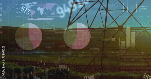 Image of financial data processing over electricity pylon on field