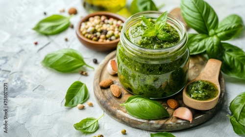 Pesto sauce jar on white background, copy space for italian recipes cooking ideas