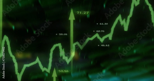 Image of stock market and diagrams with arrows on black background