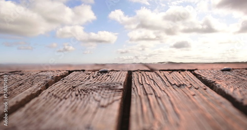 Digital image of a bird flying in the sky with a view of a wooden plank and clouds in the sky