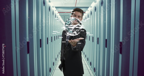 Digital composite of a Caucasian businessman holding a digital globe with values in a hallway 4k