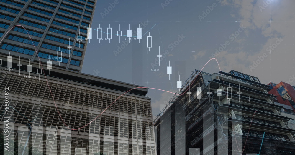 Fototapeta premium Digital image of graphs moving in the screen with a background of buildings 4k