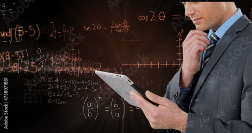 Image of data processing and mathematical equations over businessman using tablet