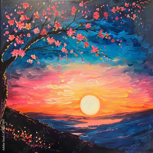 Zachód słońca na obrazie malowanym - Generative AI © MoonSer