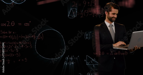 Image of caucasian businessman over mathematical equations on black background