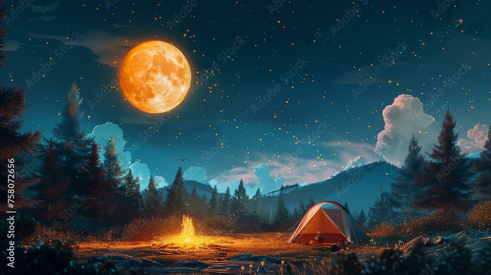 A night camp under the stars where kids listen to stories from a talking moon - obrazy, fototapety, plakaty 