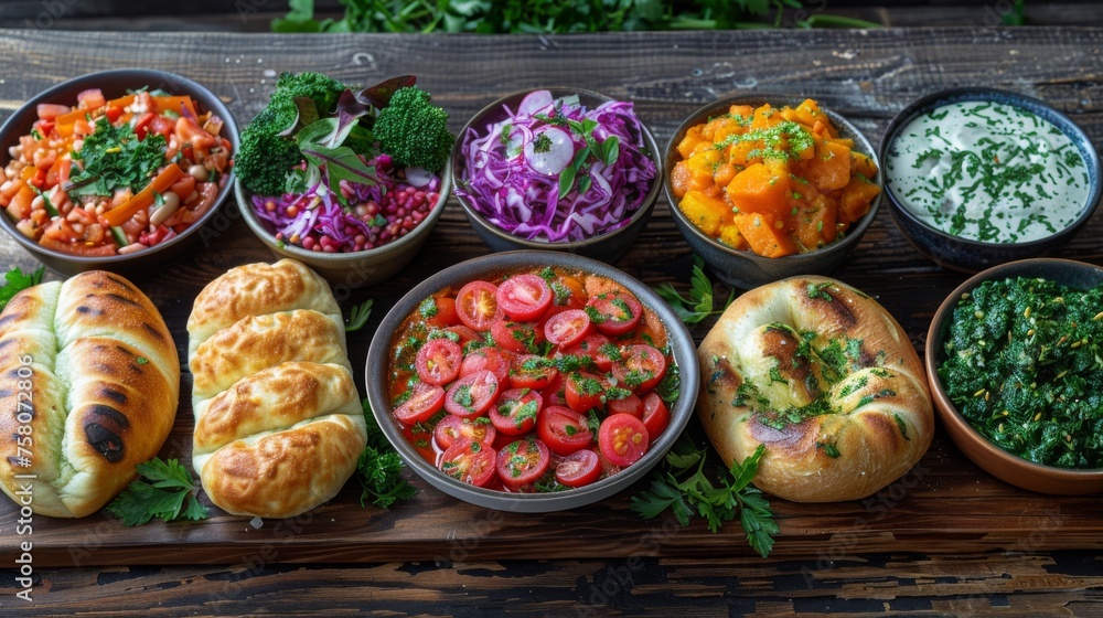 Nutritious bowls filled with an assortment of fresh vegetables, legumes, grains, and herbs on a wooden table, epitomizing a healthy, Nutritious bowls filled with an assortment of fresh vegetables, legumes, grains, and herbs on a wooden table, epitomizing a healthy,