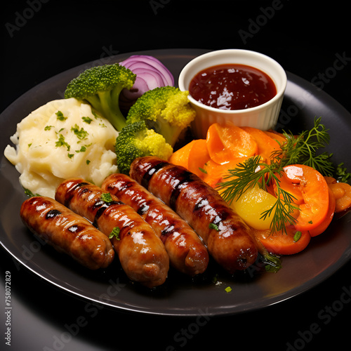 grilled sausages with vegetables photo