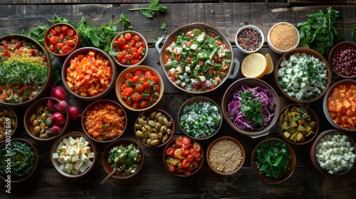  An assortment of colorful  fresh salads and whole foods arranged in a variety of rustic bowls on a wooden surface  showcasing a feast of vegetarian options.
