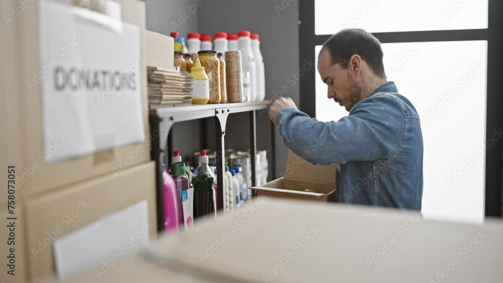 Hispanic man organizing donations in warehouse, wearing denim jacket and looking thoughtful amidst boxes and supplies. Hispanic man organizing donations in warehouse, wearing denim jacket and looking thoughtful amidst boxes and supplies.