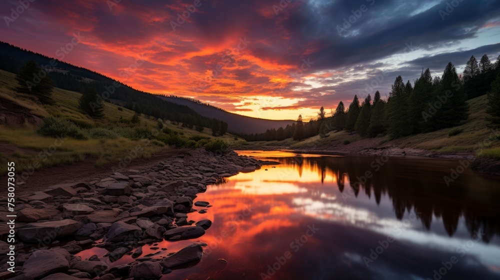 Tranquil mountain landscape with colorful sunset sky reflecting in serene lake waters