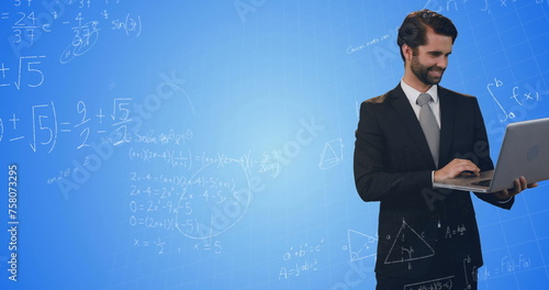 Mathematical equations floating against caucasian businessman using laptop against blue background