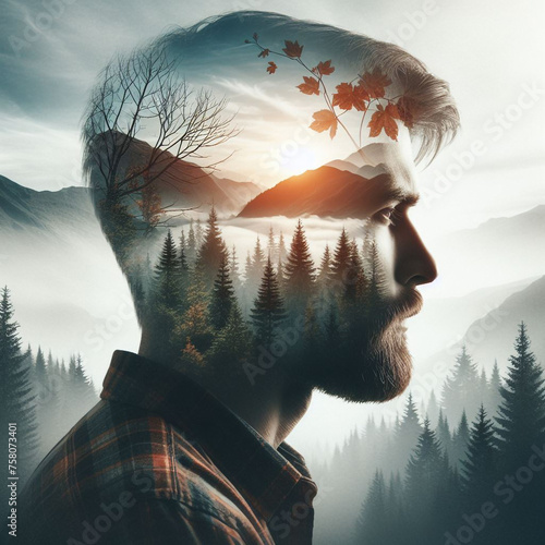 A mesmerizing image showing a man's head filled with a beautiful forest and a tree sprouting from his hair. © Logo