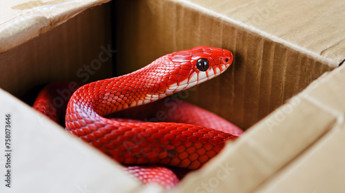 Cobra vermelha dentro de uma caixa de papelão photo