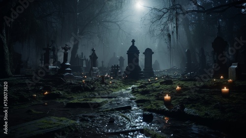 Dreamy fairytale images of a dark forest and tombstones. Graveyard, full moon. Aliens, inspired with the books and poems, of fantasy art and horror.