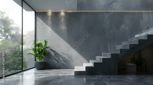 Modern minimalist interior with concrete walls and staircase. sunlight streams through a large window, casting shadows. stylish design for contemporary homes. AI