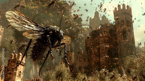 A dark wizard conjures an insect army to besiege a medieval fortress © Seksan