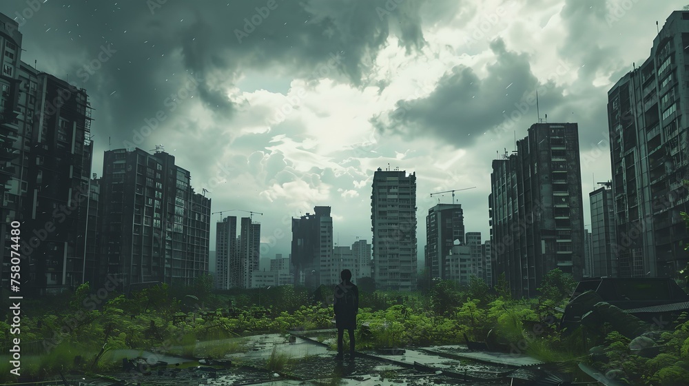 Naklejka premium Post-apocalyptic cityscape with a lone figure standing amidst ruins. mysterious and moody urban exploration scene. evocative of storytelling and adventure. AI
