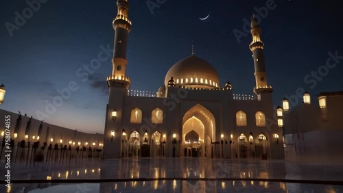 Night view of mosque ramadan background and sky with stars