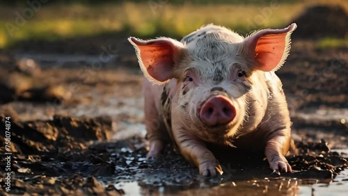 domestic pig resting in muddy puddle on sunny day photo