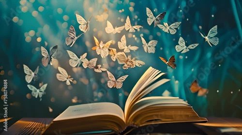 open book with butterflies flying photo