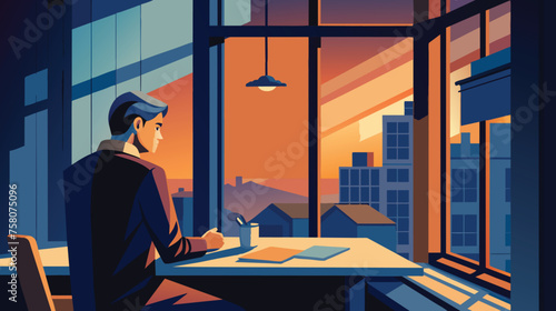 Man Writing at Desk During Sunset in City Office