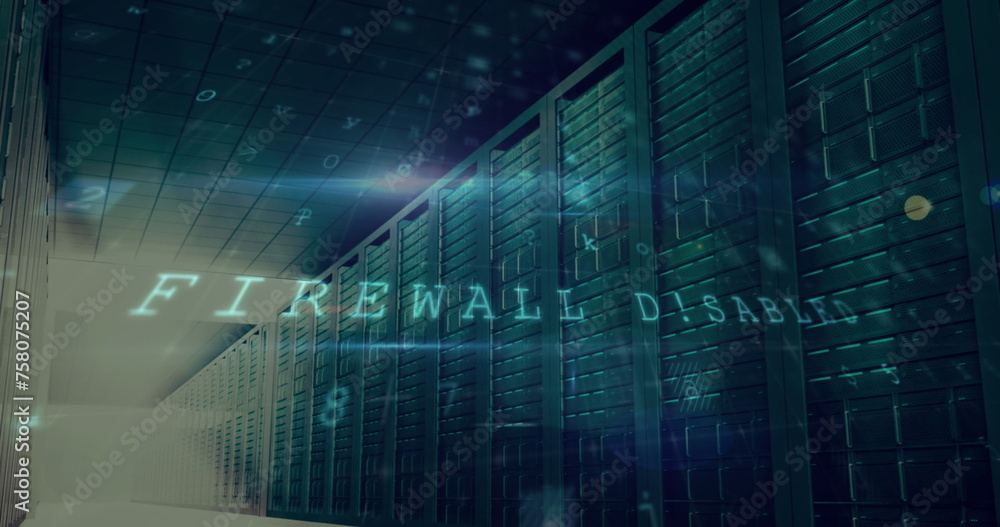 Image of cyber attack warning over server room Image of cyber attack warning over server room