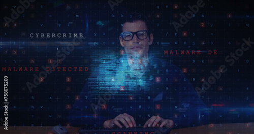 Image of cyber attack warning and data processing over male hacker and computer servers