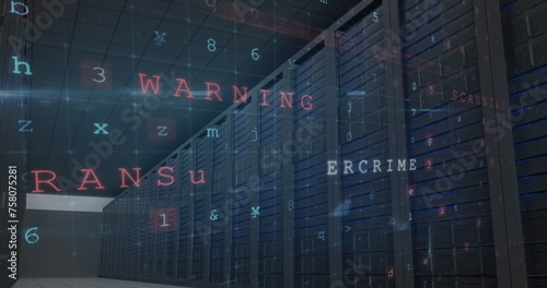 Image of cyber attack warning with letters and numbers over server room
