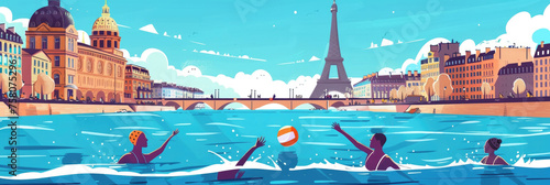 flat illustration, the Summer Olympic Games in Paris, water polo on the background of the Eiffel Tower and a panorama of the city's attractions, the Seine River photo