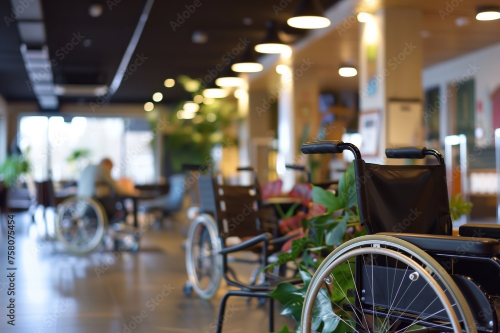 Vacant wheelchairs lined up in the bright lobby of a healthcare facility, with blurred background