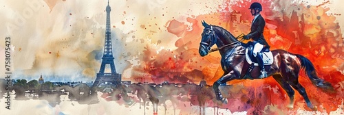 watercolor illustration, the Summer Olympic Games in Paris, equestrian sports, a man riding a horse against the background of the Eiffel Tower and a panorama of the sights of Paris photo
