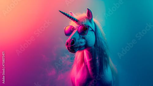 an unicorn wearing sunglasses in front of a colorful background
