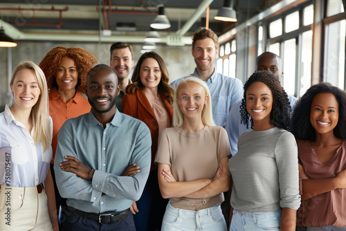 Multi-ethnic group of smiling coworkers standing confidently in a modern workplace setting