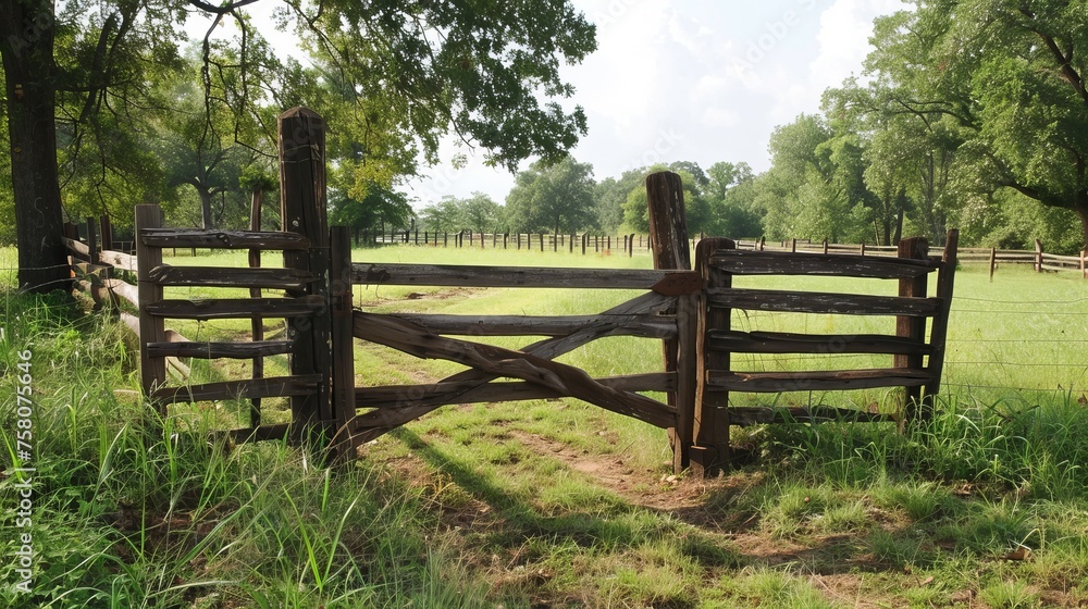 New Split Rail Wooden Fence Gate in Sunlit Pasture Landscape