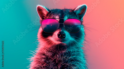 a racoon wearing sunglasses in front of a colorful background