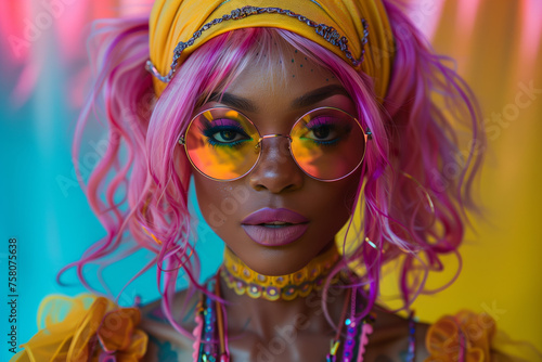 Beautiful young black woman with bright pink hair, and bright reflective glasses in front of a neon colored background